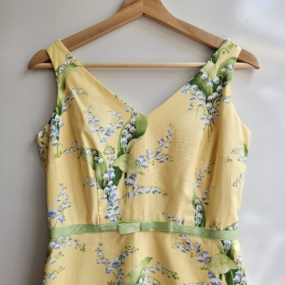 Lily Of The Vally Floral Print Yellow Dress, Green Ribbon At Waist, Size Small P - Picture 4 of 13